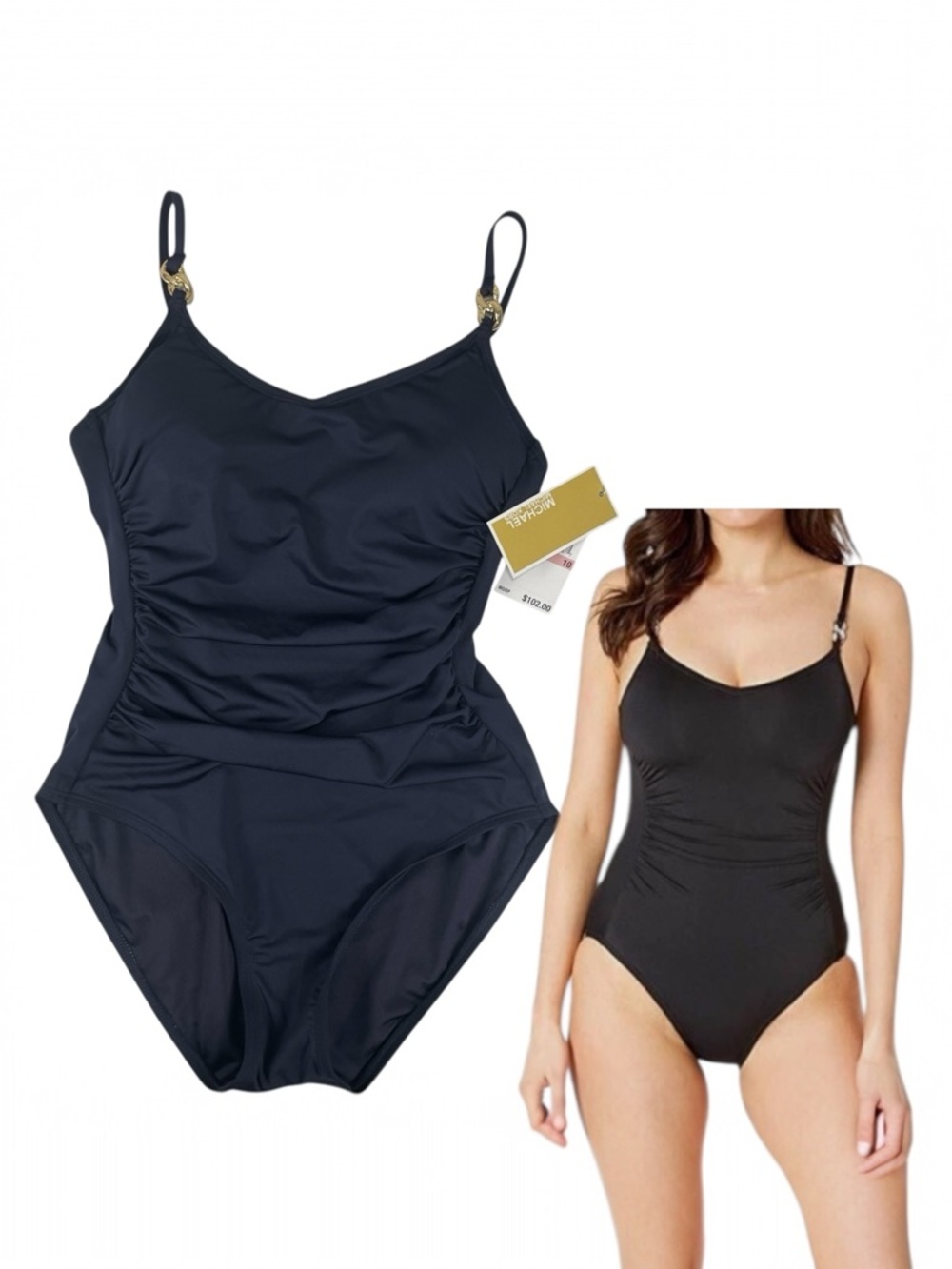 Michael Kors Womens Radiant Chain Navy Solid One Piece Swimsuit Size 10